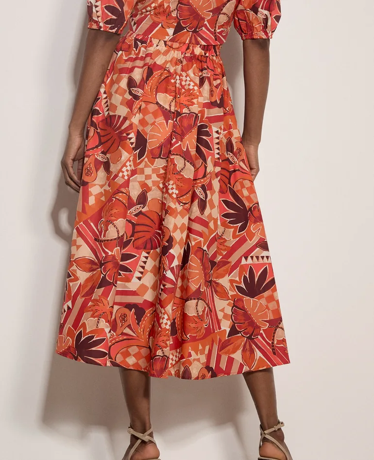 Tropical Leaf Patchwork Cotton Midi Skirt - 4