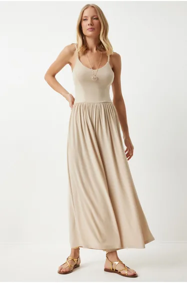 Women's Cream Strap Wide Leg Summer Knitted Jumpsuit