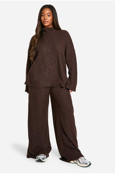 Plus Soft Rib Slouchy Jumper & Wide Leg Trouser - chocolate