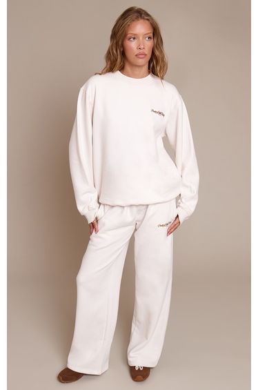 Prettylittlething Cream Cotton Fleece Straight Leg Sweatpants