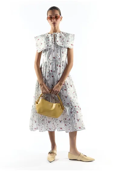 White Picnic Print Oversized Collar Tiered Midi Dress