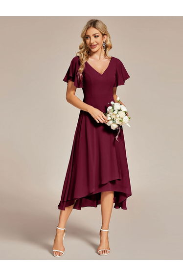 ever AALIA|Flowing Chiffon V-Neck Ruffle Sleeves Wedding Guest Dress