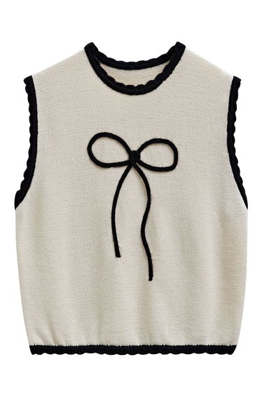Contrast Edge Bowknot Knit Vest in Ivory
