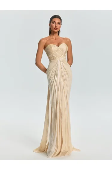 فستان ميو ميوز شيفون بيج طول الأرض بقصة مستقيمة بلا أكتاف