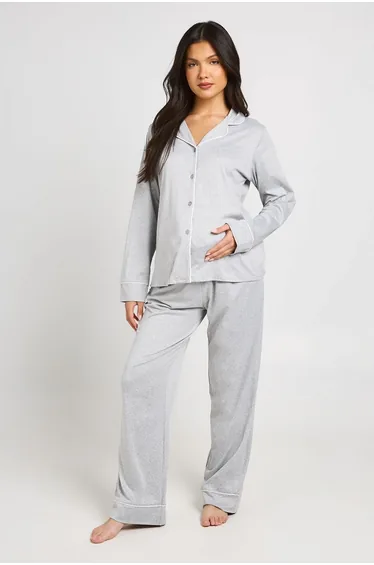 Maternity Piping Detail Long Sleeve Shirt & Trouser Pyjama Set - grey marl