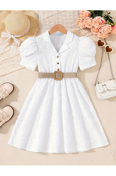 Textured Puff Sleeves Belted Dress