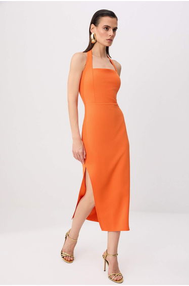 Orange Plain Body-Hugging Rose Detailed Woven Finike Midi Unlined Stylish/Evening Dress