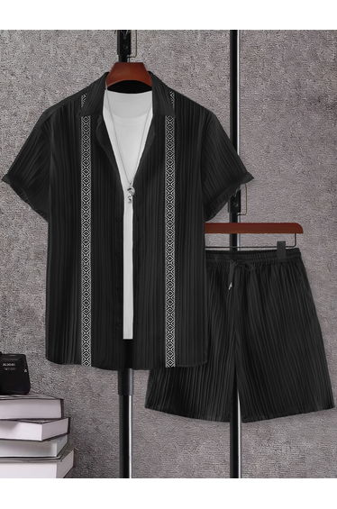 Men Black Jacquard Detail Short Sleeve Button Front Shirt and Shorts Co-Ords