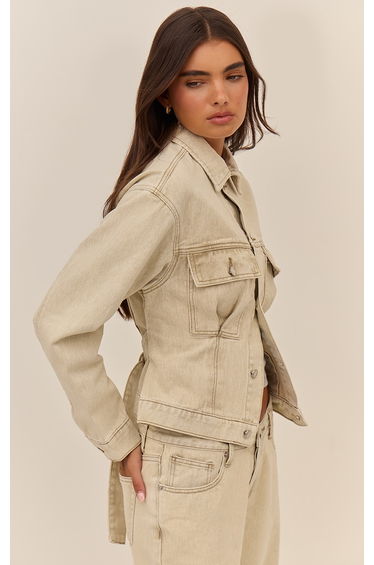 Light Stone Pleated Cinch Back Denim Jacket