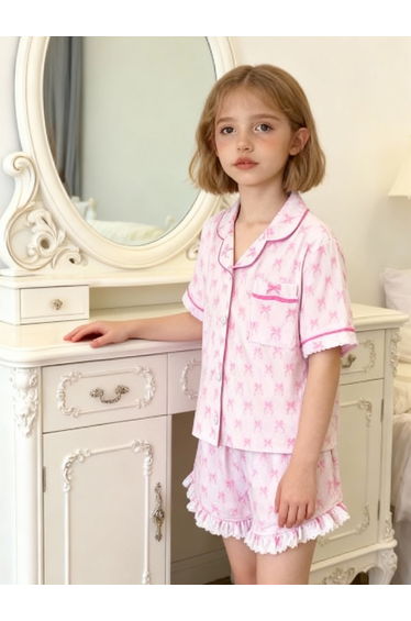 Girls Pink Bow Print Shirt and Shorts Pyjama Set