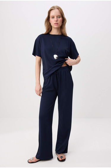 Navy Blue Short Sleeve Crew Neck Relaxed/Casual Fit Flexible Knitted Bottom - Top Set