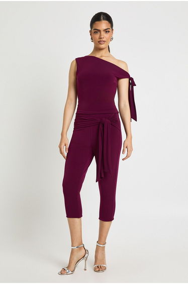 Double Layer Slinky Asym Shoulder Knot Detail Top - plum