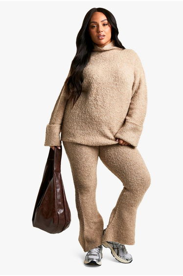Plus Borg High Neck Cuff Detail Knitted Jumper And Flare Trouser Co-ord