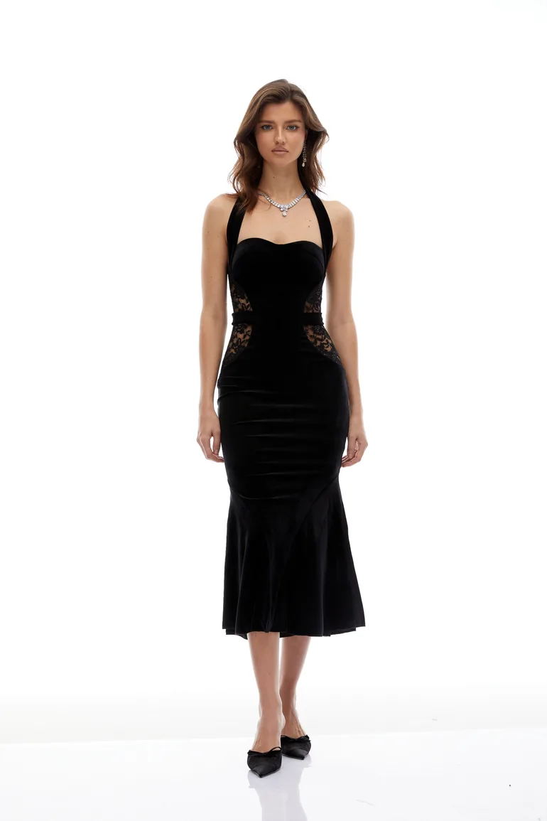 Tove Black Lace Panel Velvet Midi Dress Miss Rosier Black : Party Dresses :  VogaCloset Iraq
