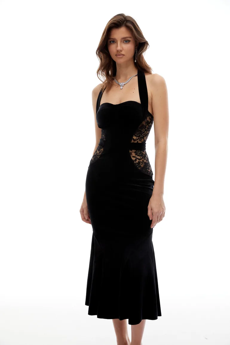 Tove Black Lace Panel Velvet Midi Dress Miss Rosier Black : Party Dresses :  VogaCloset Iraq