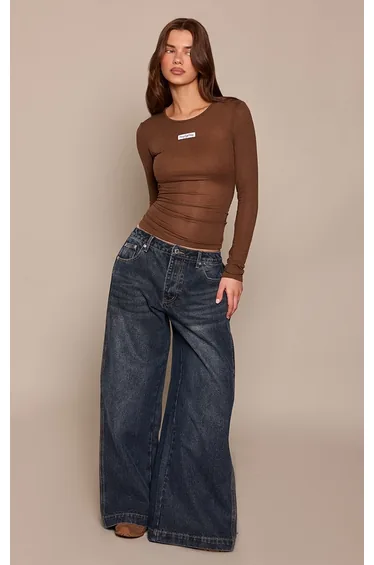 Chocolate Sheer Cotton Label Detail Long Sleeve T-Shirt