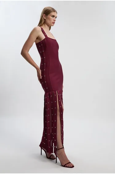 Strappy Eyelet Detail Fringe Figure Form Midi Dress