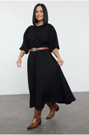 فستان ميدي بأكمام منفوخة لون أسود - للمقاسات الكبيرة