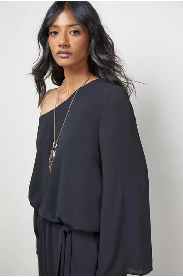 Crinkle Chiffon One Shoulder Drop Waist