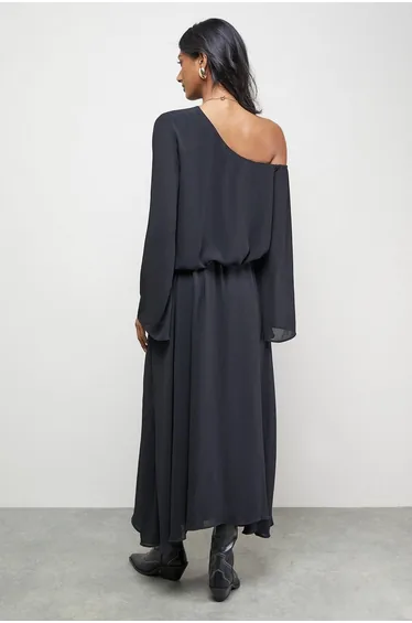 Crinkle Chiffon One Shoulder Drop Waist