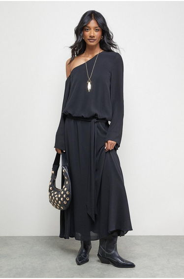 Crinkle Chiffon One Shoulder Drop Waist