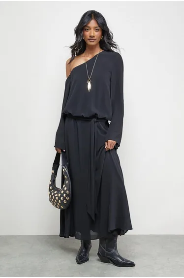 Crinkle Chiffon One Shoulder Drop Waist