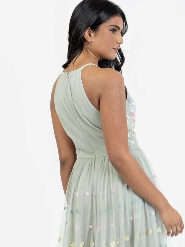 Maya Sage Green Floral Embroidered Halter Neck Midaxi Dress Maya Deluxe  Green : Evening Dresses : VogaCloset Oman