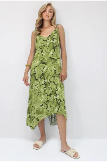 Women's Green Asymmetrical Cut Strap Ring Detailed Comfortable Fit Woven Viscose Dress
