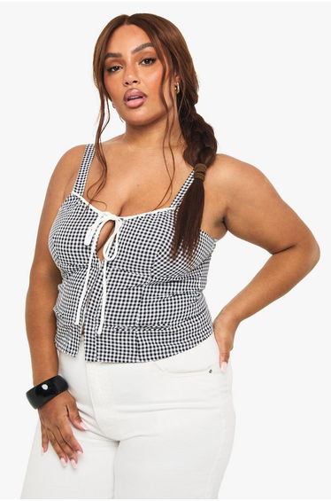 Plus Tie Front Gingham Top - black