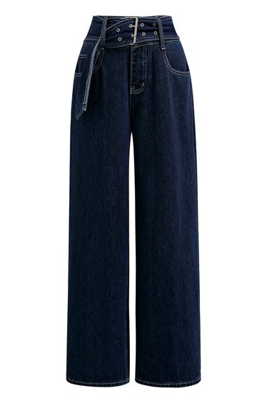 Fashion-Forward Buckle Belt Straight Leg Jeans in Navy