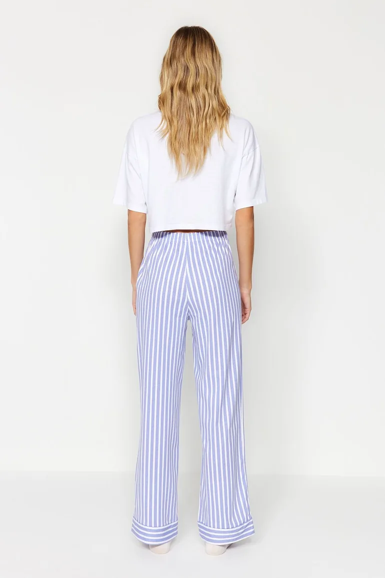 White Blue 100% Cotton Striped Knitted Pajamas Bottoms - 5