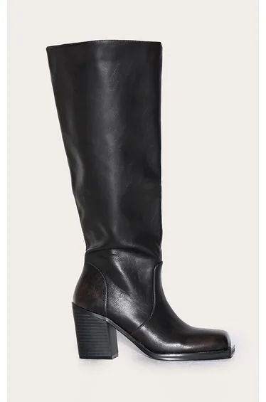 Brown Burnish Pu Square Toe High Block Heel Knee High Boots