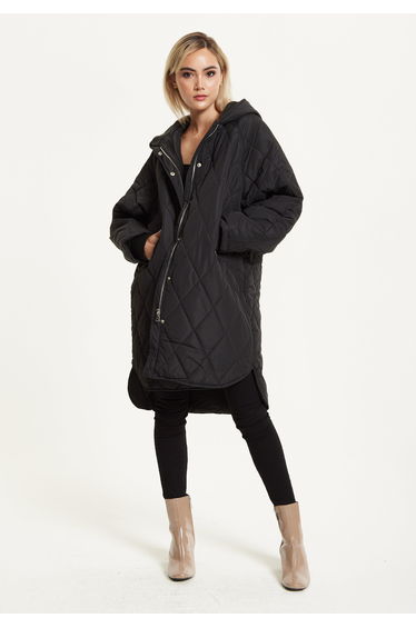 Black Quilted Oversized Hooded Coat