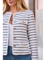 Ivory & Navy Stripe Boucle Jacket - 3