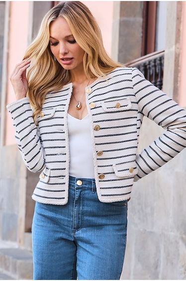 Ivory & Navy Stripe Boucle Jacket