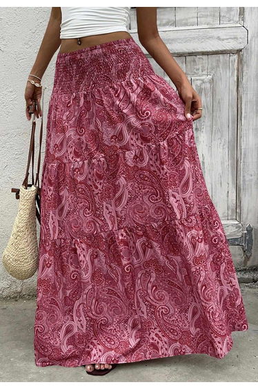 Paisley Print Shirred Waist Tiered Maxi Skirt in Magenta