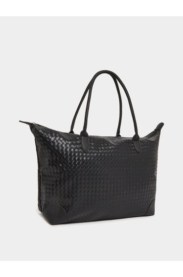 Black Woven Faux Leather Tote Bag