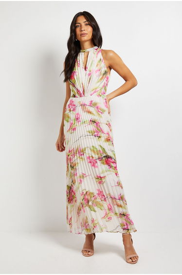 Floral Print Pleated Maxi Dress