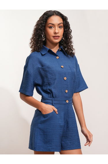 Textured Collared Jumpsuit with Button Detail