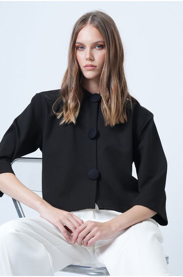 Women's black button-up crew neck custom design crop jacket