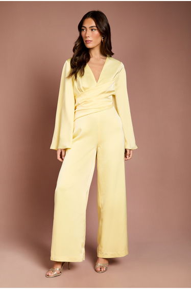 Wrap Waist Satin Jumpsuit With Flare Sleeve