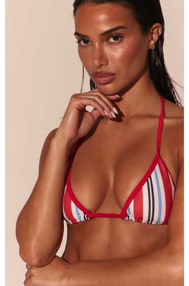 Red Striped Print Triangle Bikini Top