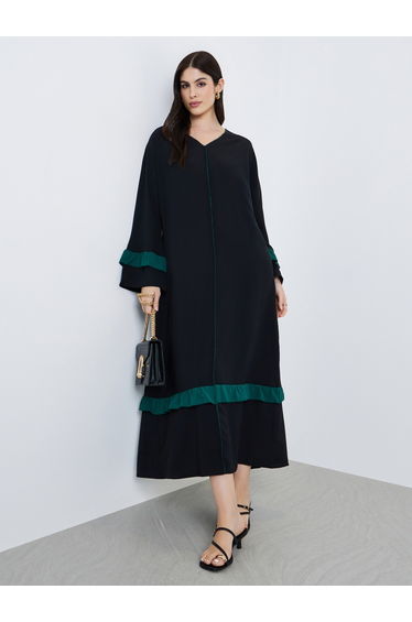 Women Black Ruffled Detail Maxi Jalabiya