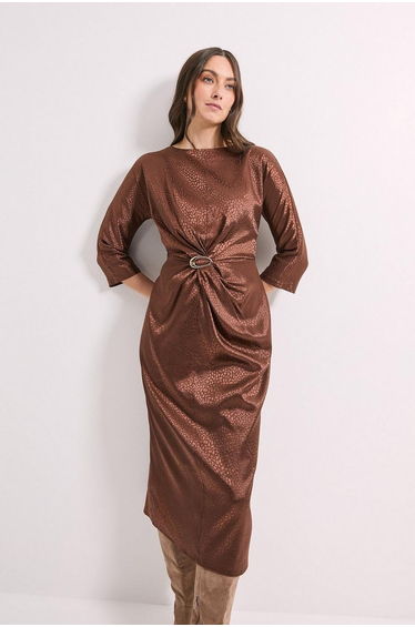 Buckle Detail Twist Front Satin Jacquard Midi Dress