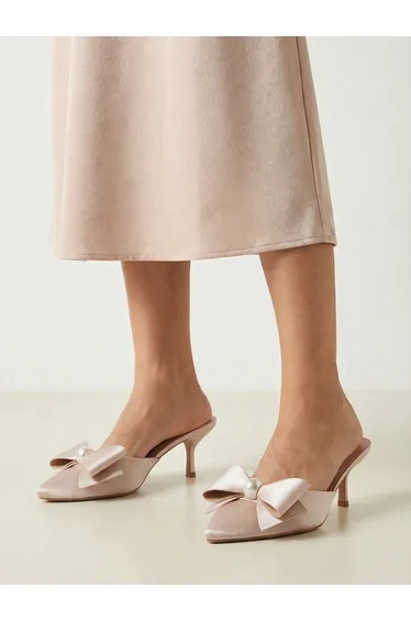 Nude Satin Mules with Bow Detail