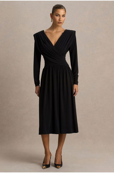 Alexis | Black Plunge-Neck Maxi Dress With Draped And Ruched Detailing