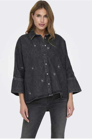 Floral denim shirt with 3/4 sleeves