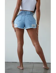 PRETTYLITTLETHING Shape Bleach Wash Distressed Hem Denim Shorts - 2