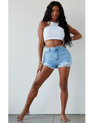 PRETTYLITTLETHING Shape Bleach Wash Distressed Hem Denim Shorts - 3