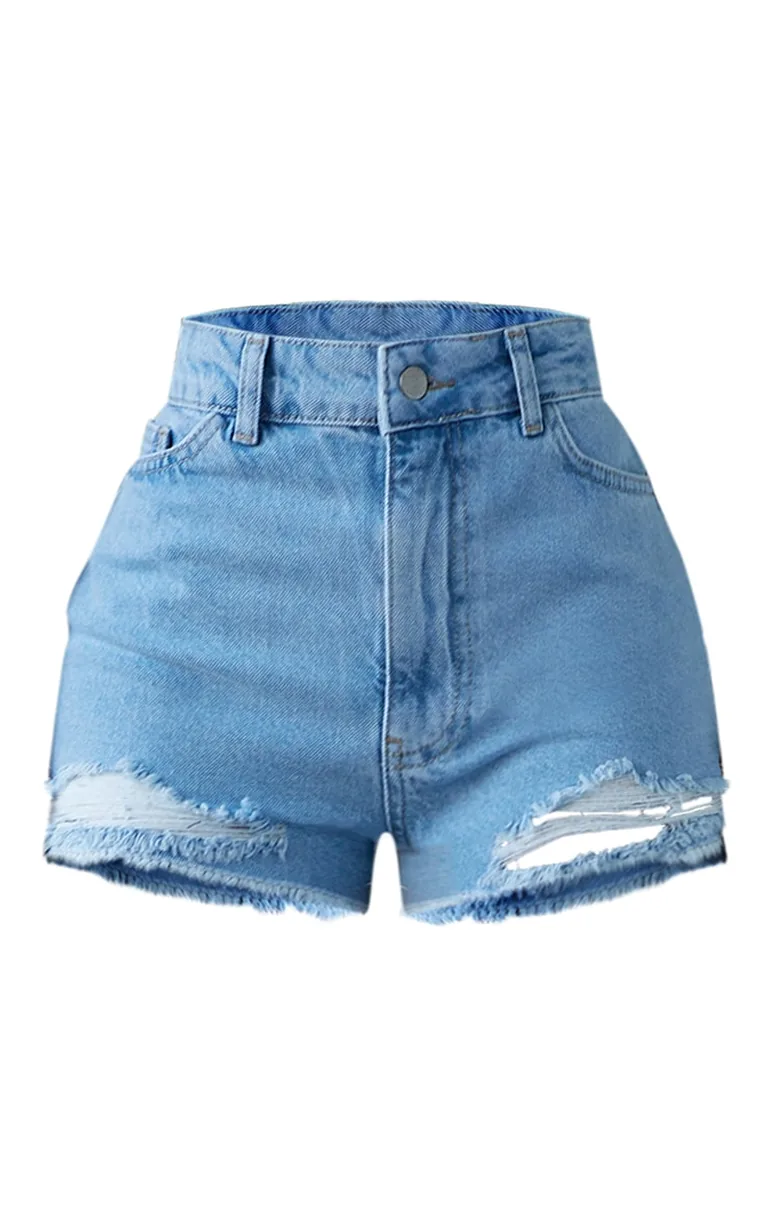 PRETTYLITTLETHING Shape Bleach Wash Distressed Hem Denim Shorts - 5